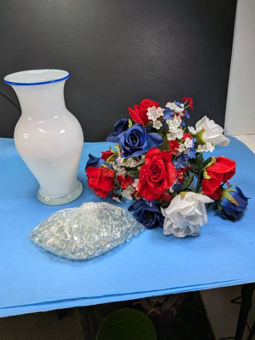 Vintage Cased White Milk Glass Trumpet Vase Cobalt Blue Rim Floral Bead Bundle